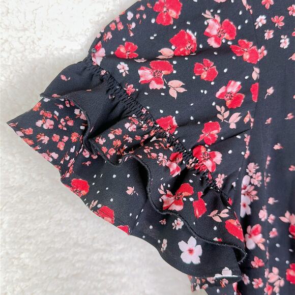 Lane Bryant Shirt Womens 14 Black Red Floral Ruffle Sleeve Blouse Top Summer - Picture 2 of 9